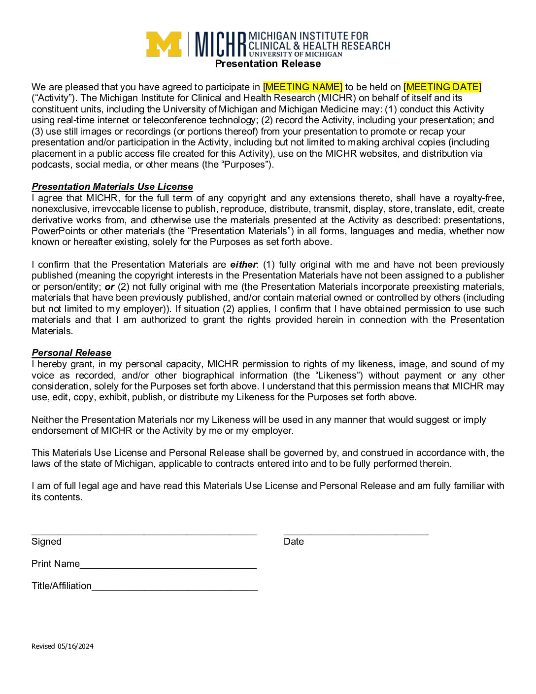 Personal Release Form for Recording, Photography, and Presentations
