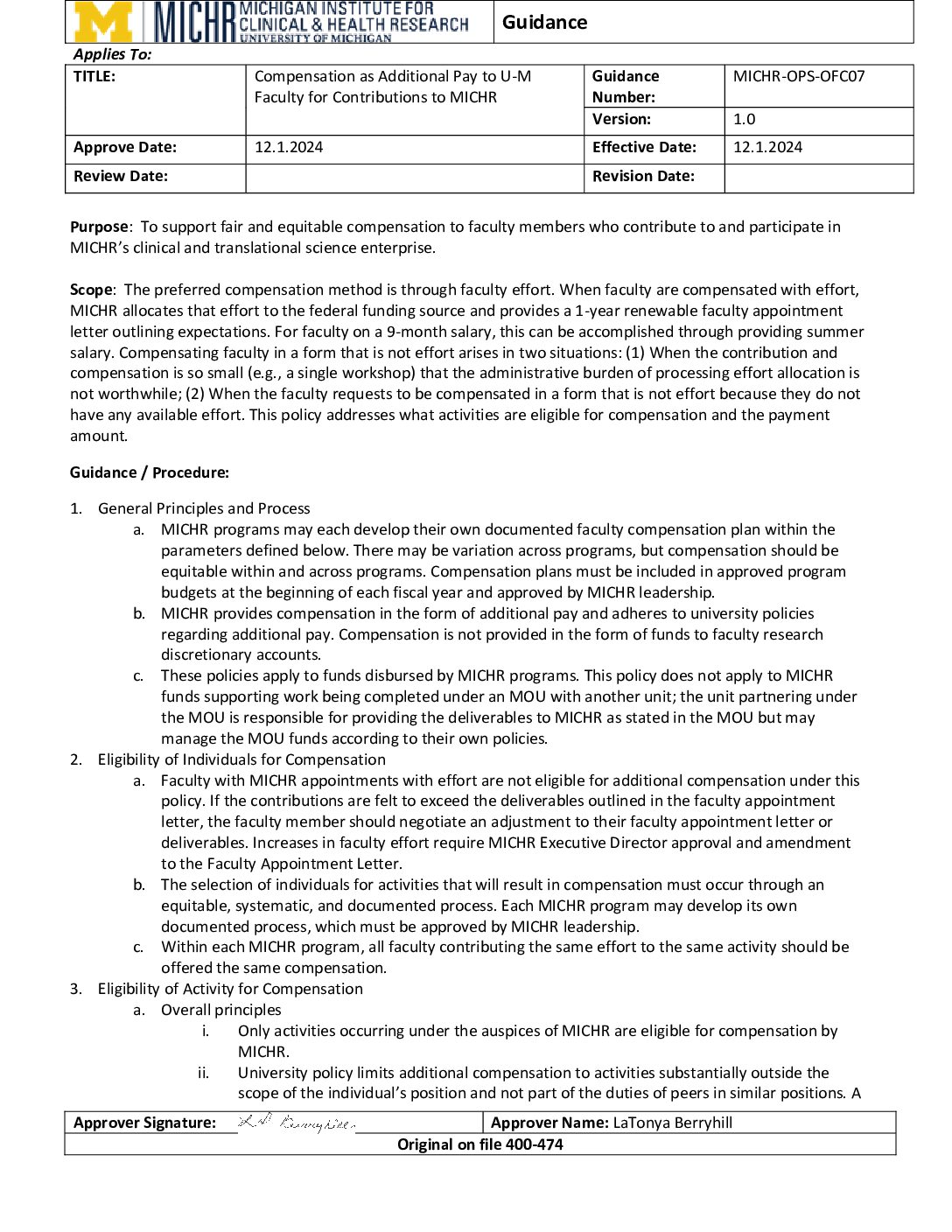 Compensation to University of Michigan Faculty for MICHR Contributions
